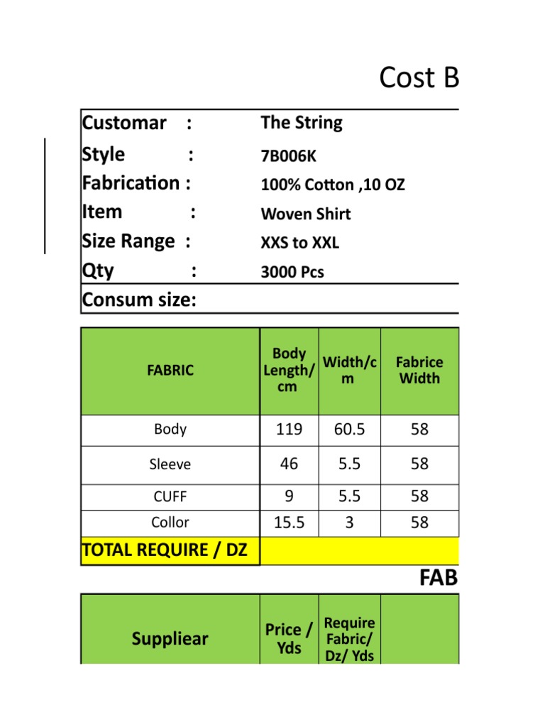 Costing Sheet For Woven Shirt PDF Shirt Textiles