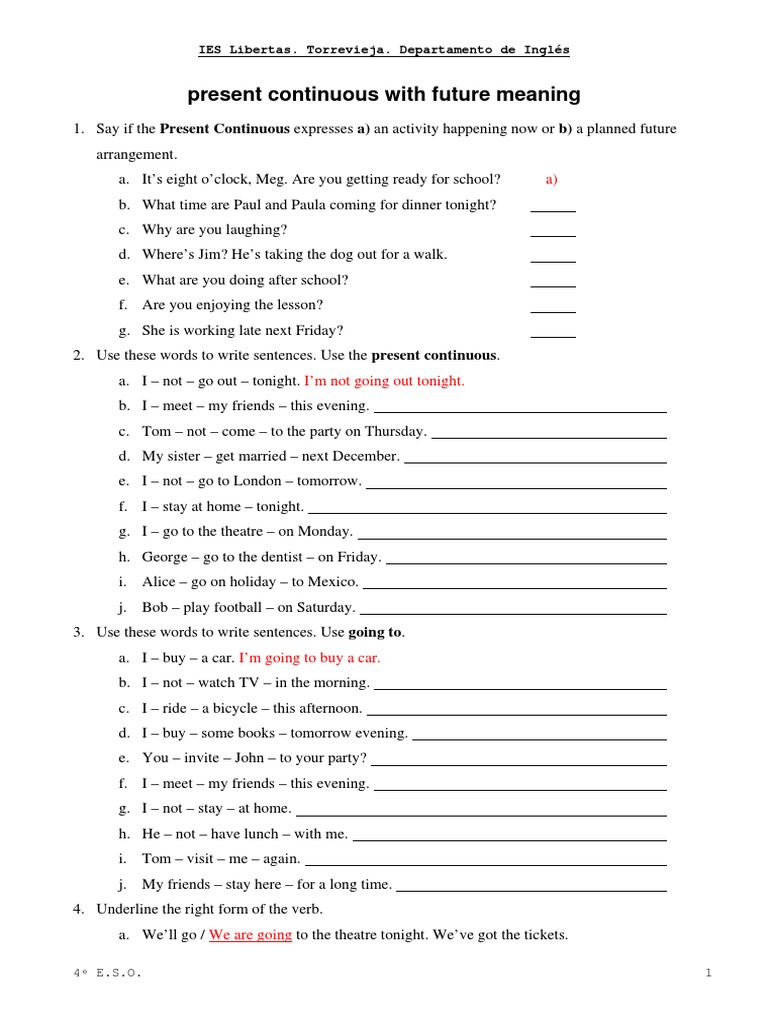 Present Continuous With Future Meaning IES Libertas Torrevieja 