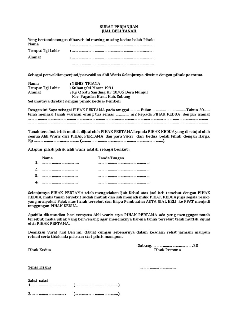 Contoh Surat Jual Beli Tanah Warisan | PDF | Hukum