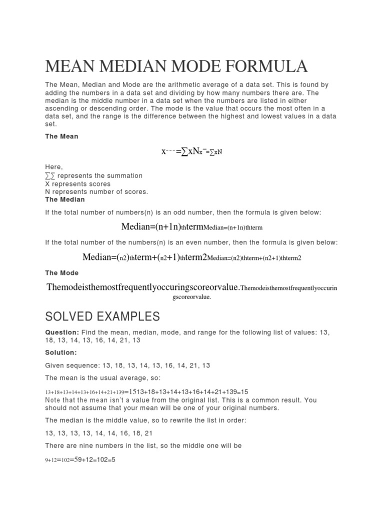 Mean Median Mode Formula | PDF