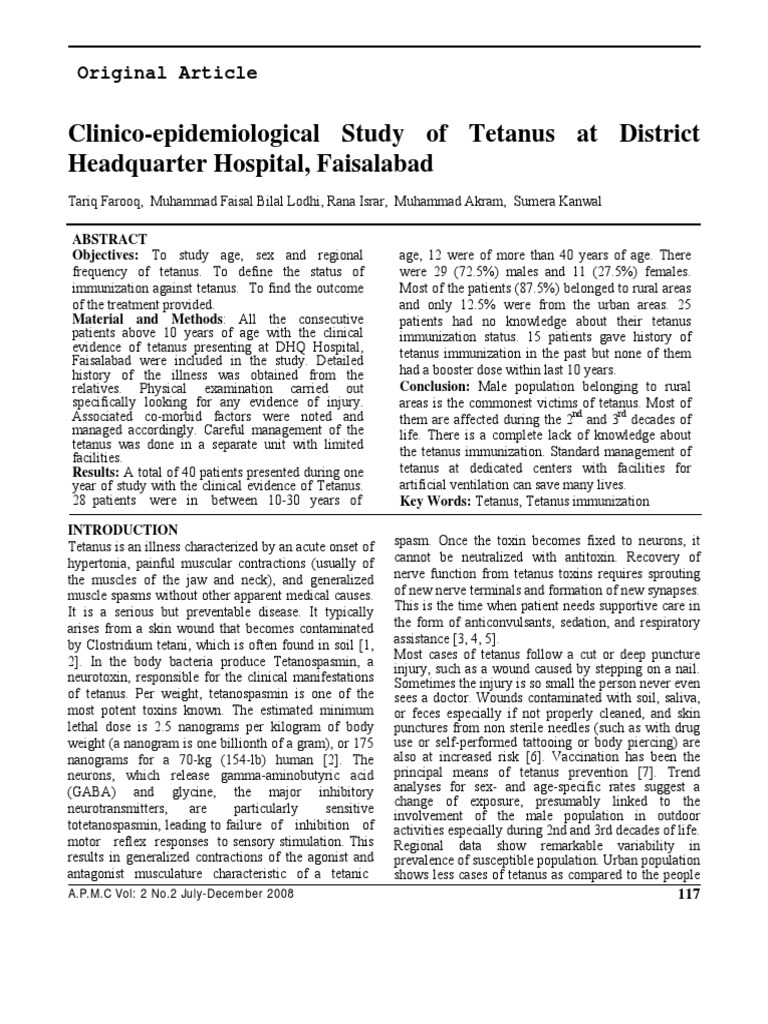 Tetanus Study at Faisalabad Hospital | PDF | Immunology | Public Health