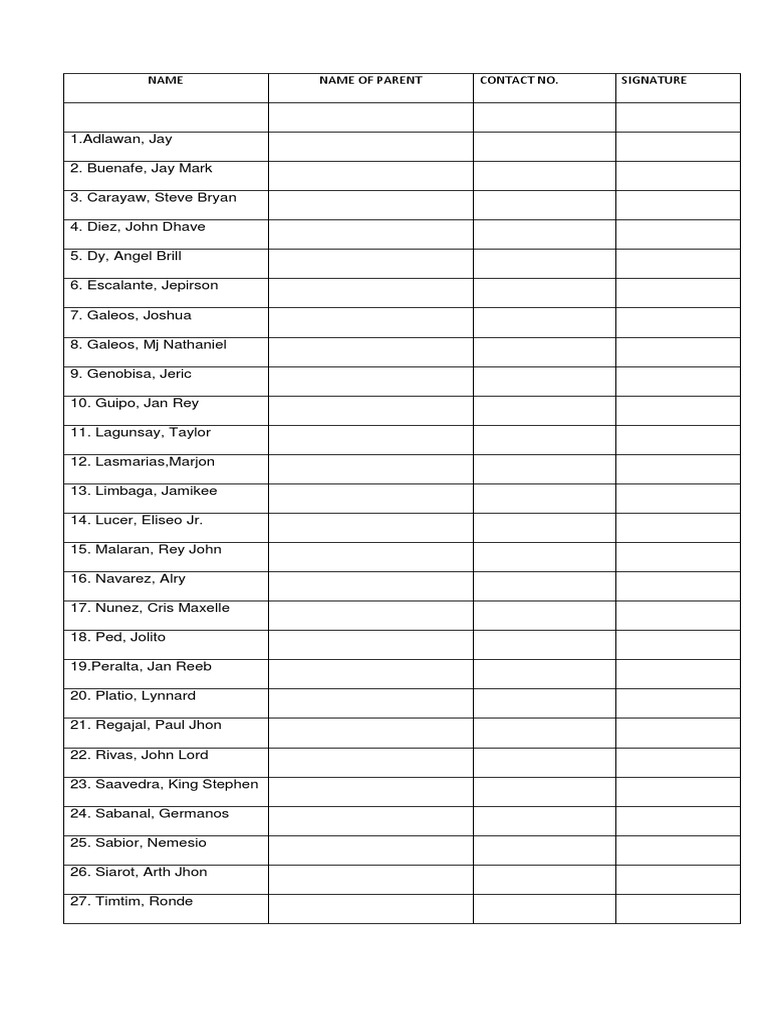 Name Name of Parent Contact No. Signature | PDF