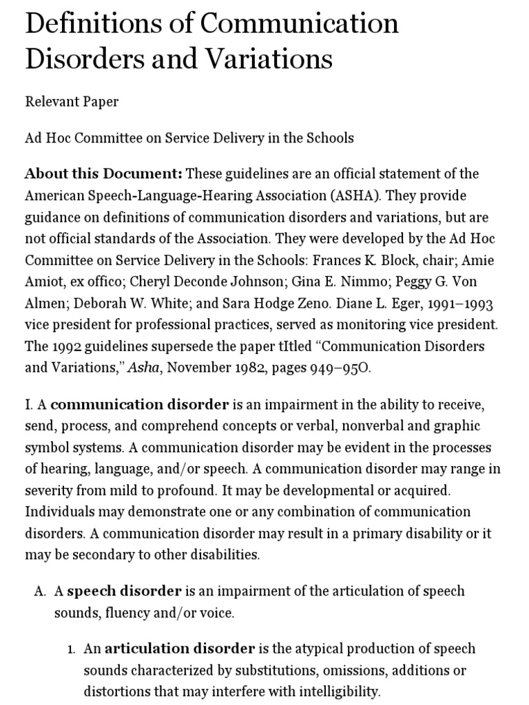 Definitions of Communication Disorders and Variations PDF Hearing