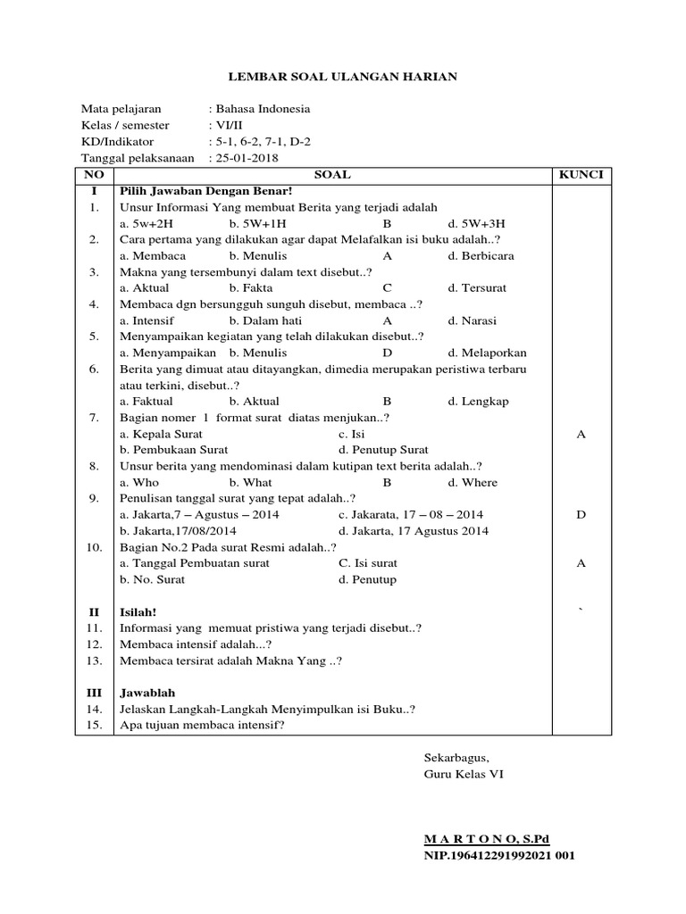 Lembar Soal Ulangan Harian Lembar Soal Ulangan Harian