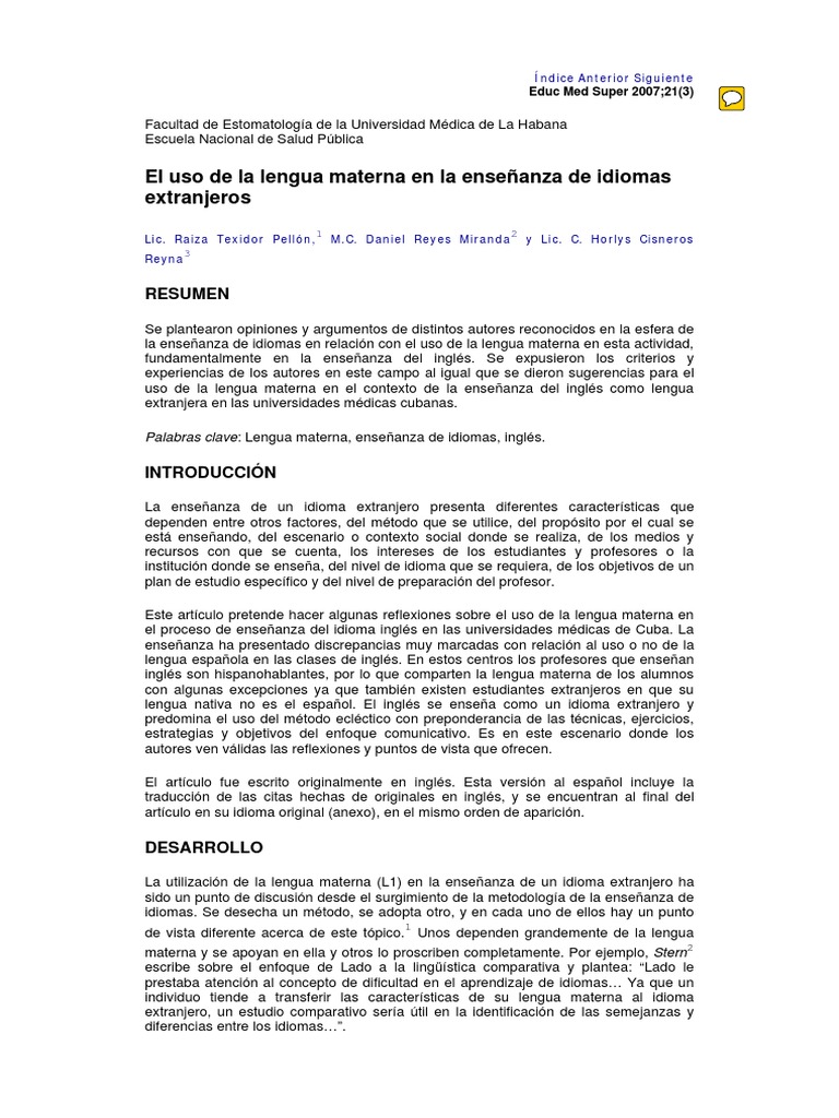 El Uso de La Lengua Materna en La Enseñanza de Idiomas Extranjeros ...