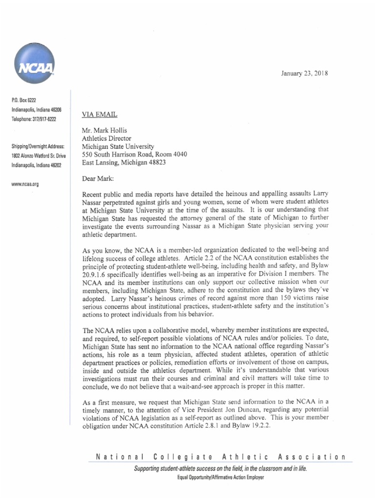 NCAA letter to MSU athletic director