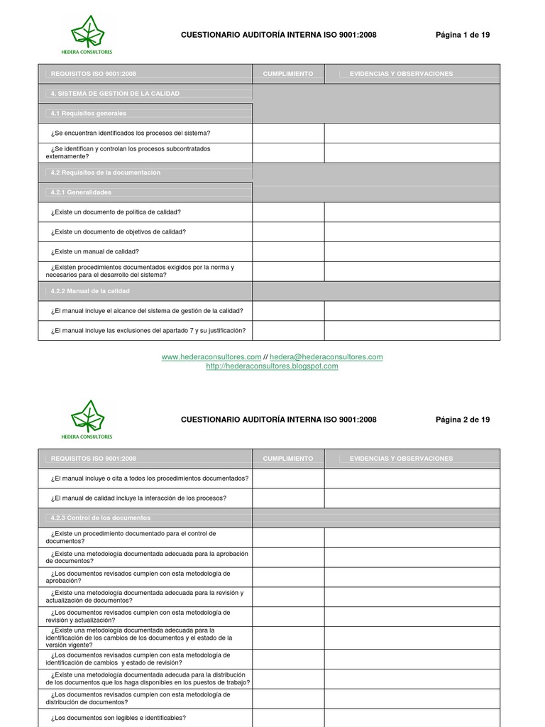 Cuestionario Auditoría Interna ISO 9001 | PDF | Sistema de manejo de ...