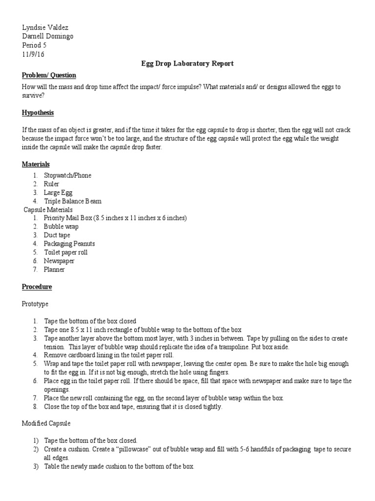 Egg Drop Lab Report on Momentum Effects | PDF | Momentum | Mass