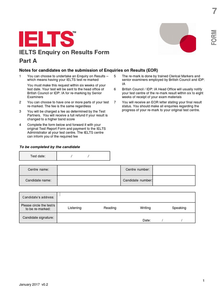 Ielts Enquiry On Results Form International English Language Testing