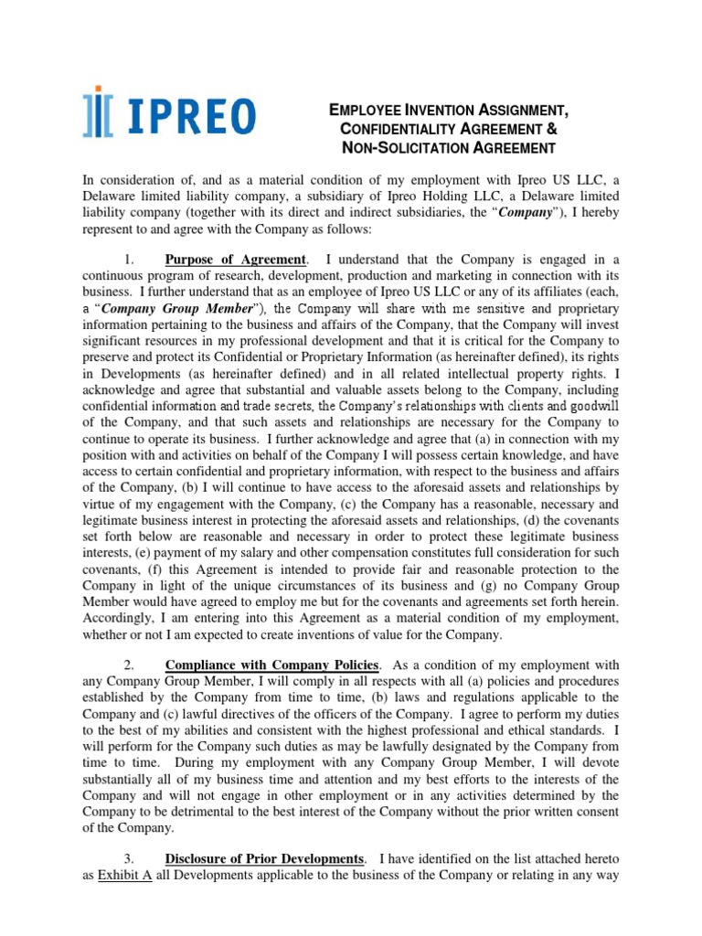 Ipreo Invention Assignment Confidentiality and NonSolicitation
