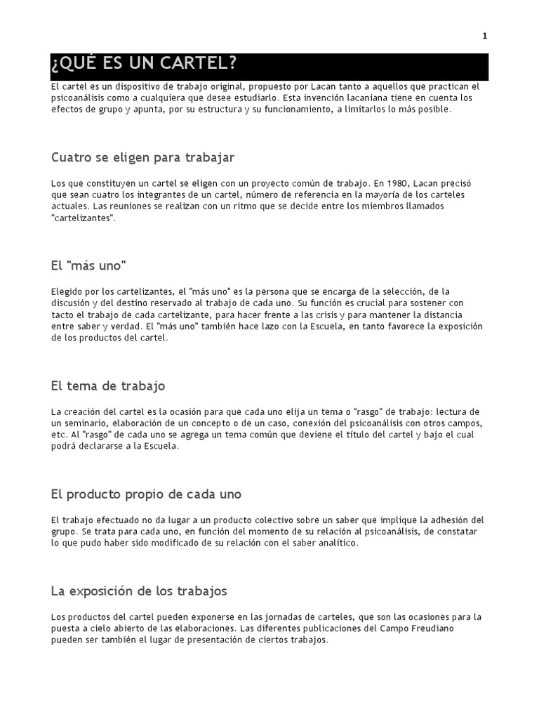 Qué Es Un Cartel Pdf Jacques Lacan Psicoanálisis