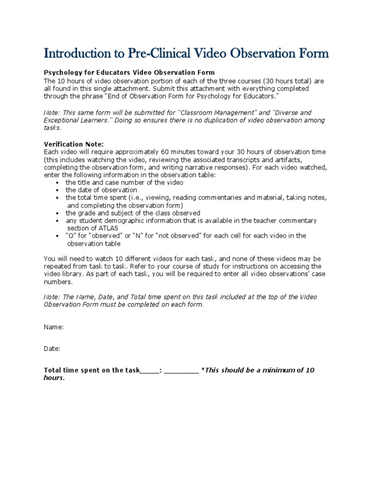 Video Observation Form for Educators | PDF | Classroom Management ...