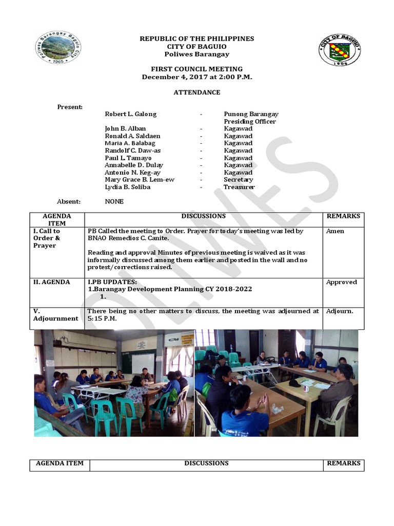 Republic of The Philippines City of Baguio Poliwes Barangay First ...