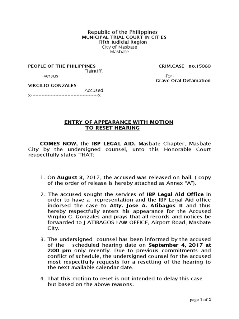 Motion To Postpone Gonzales PDF Legal Aid Prosecutor