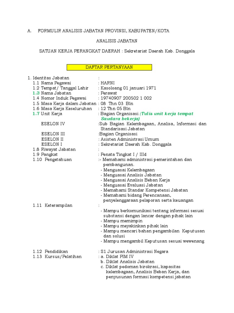 Contoh Formulir Analisis Jabatan Kab Dgla