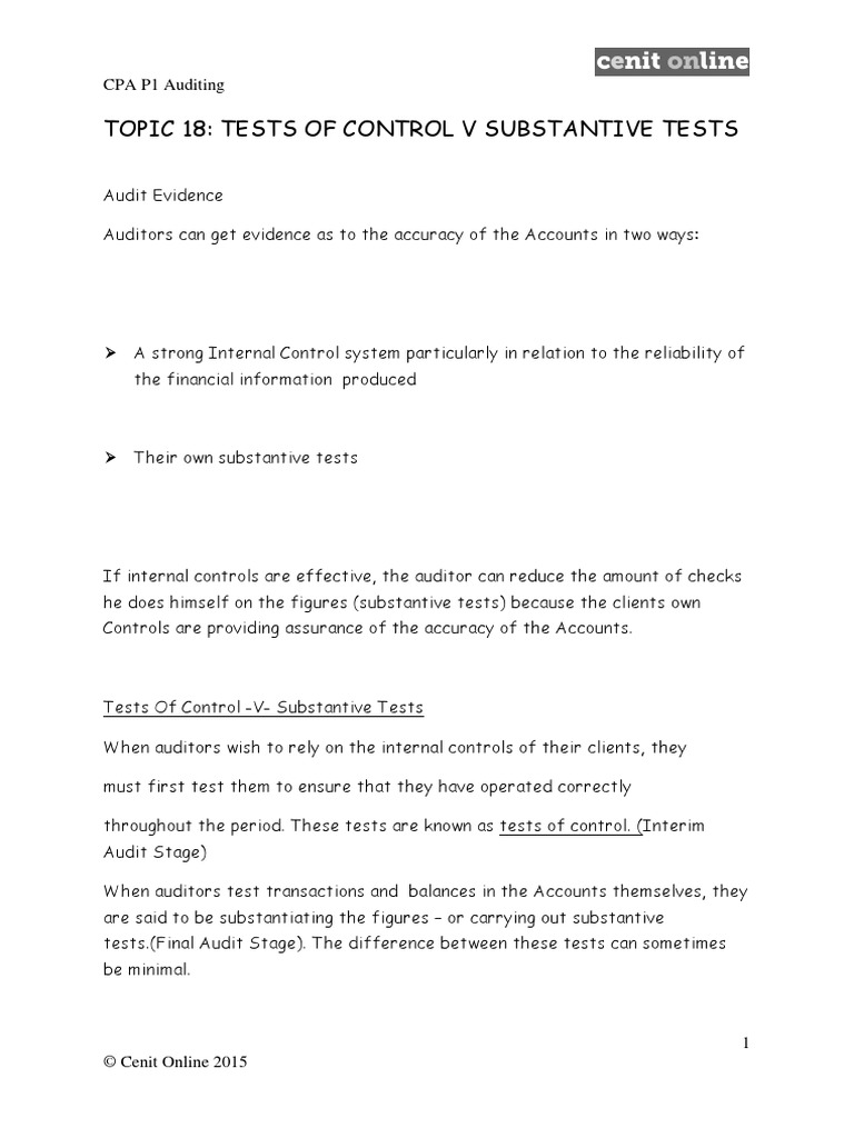 Topic 18 Tests of Control V Substantive Tests PDF Financial Audit