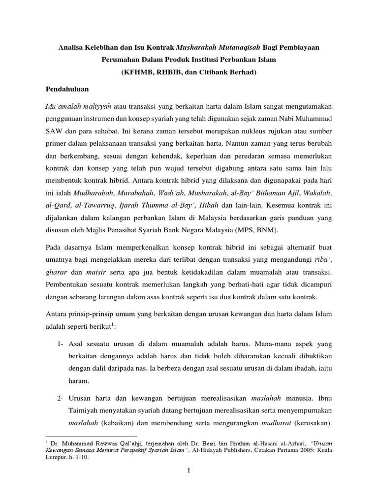 Analisa Kelebihan Dan Isu Kontrak Musharakah Mutanaqisah Pdf