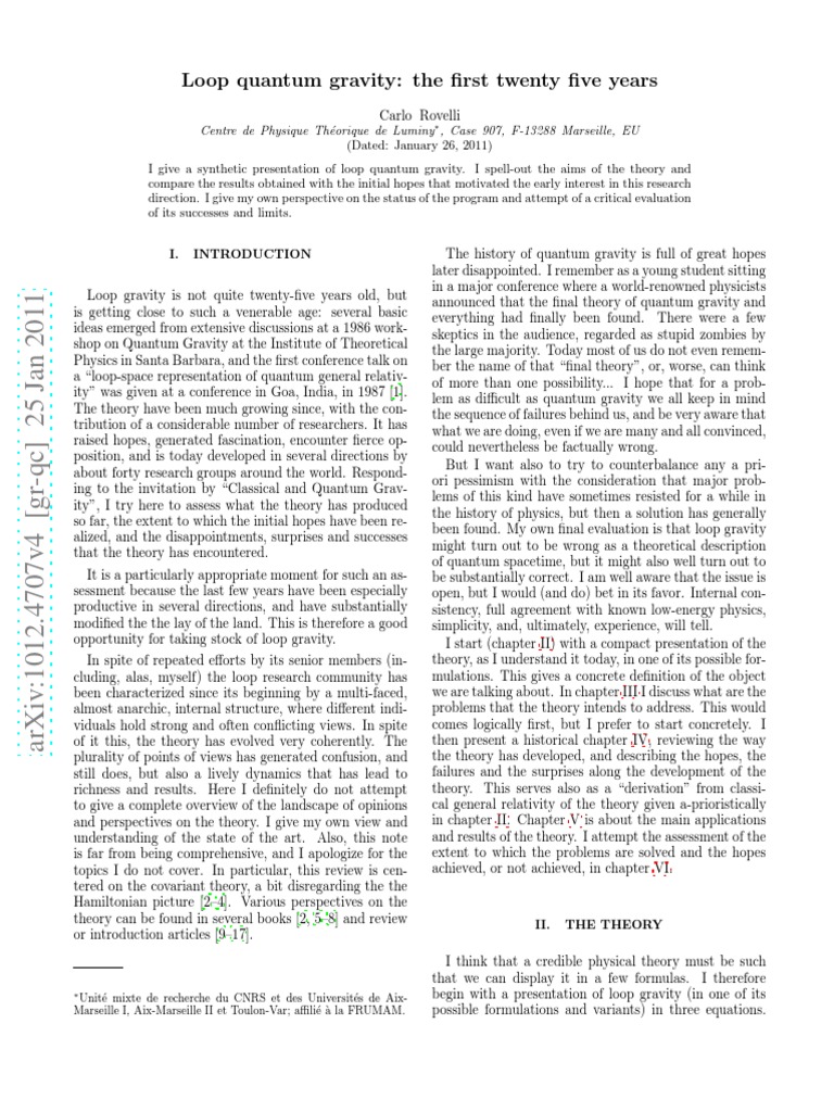 Loop Quantum Gravity The First 25 Years by C Rovelli | PDF | Field ...