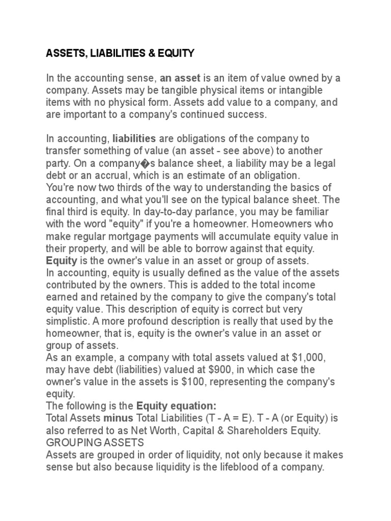 Assets, Liabilities & Equity | Equity (Finance) | Balance Sheet