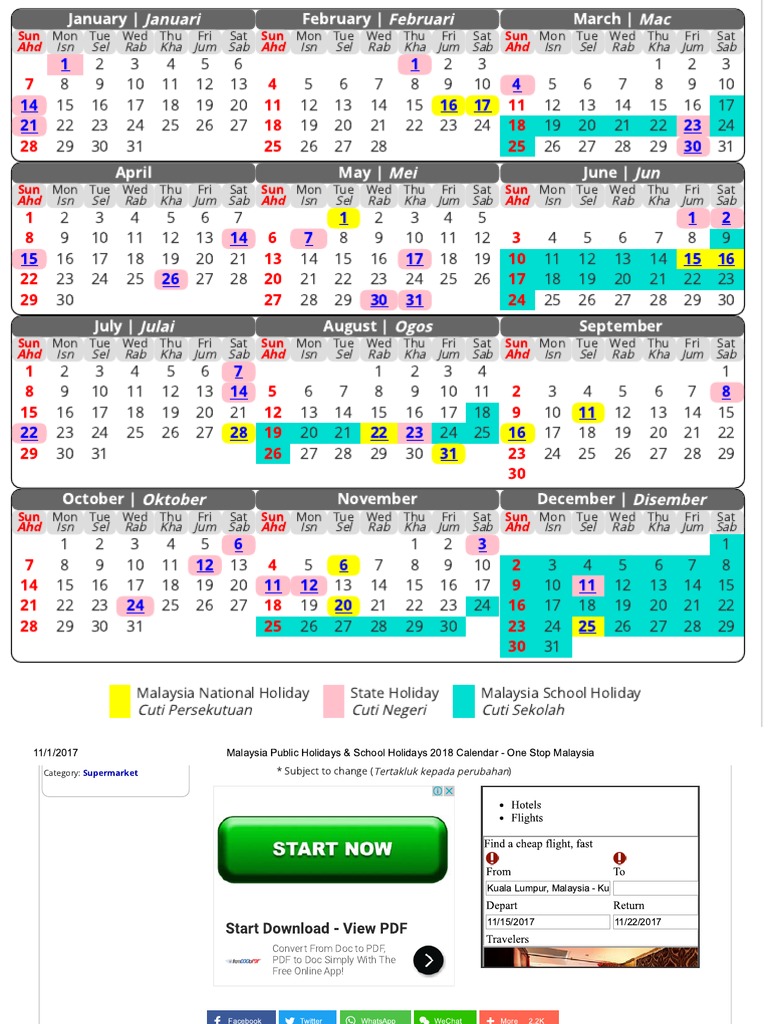 Malaysia Public Holidays & School Holidays 2018 CalendaR ...