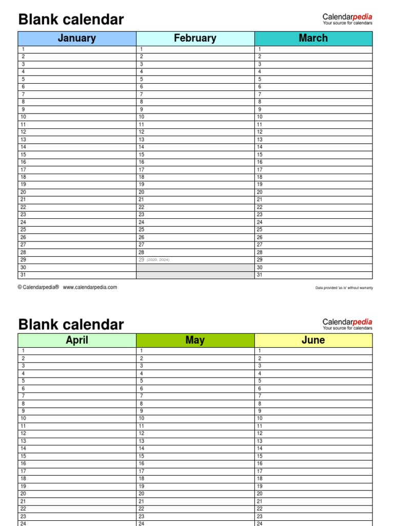 Blank Calendar Landscape 4 Pages PDF
