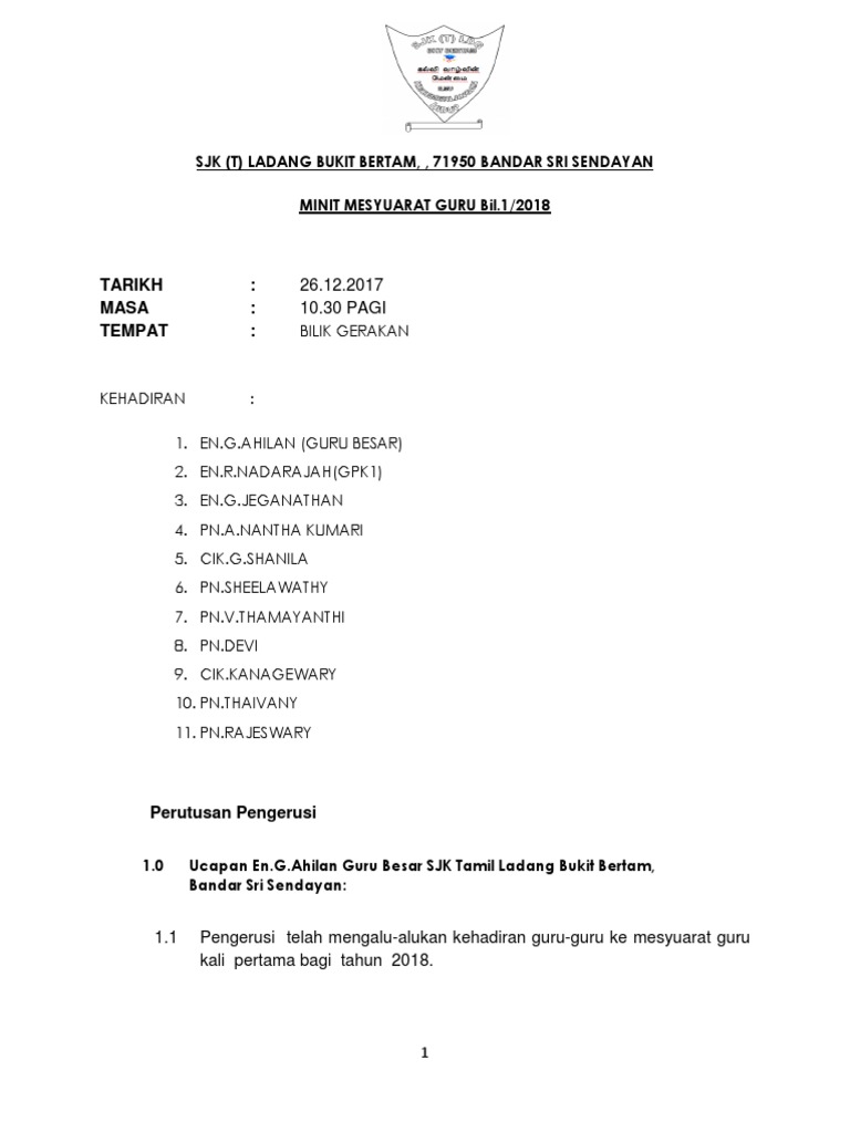 Minit Mesyuarat Guru 1 2018 Pdf