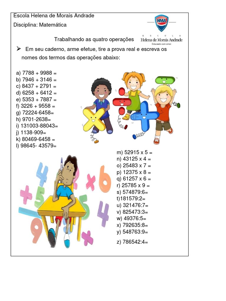 Quiz sobre as Quatro Operações para 2° ano e 3° ano