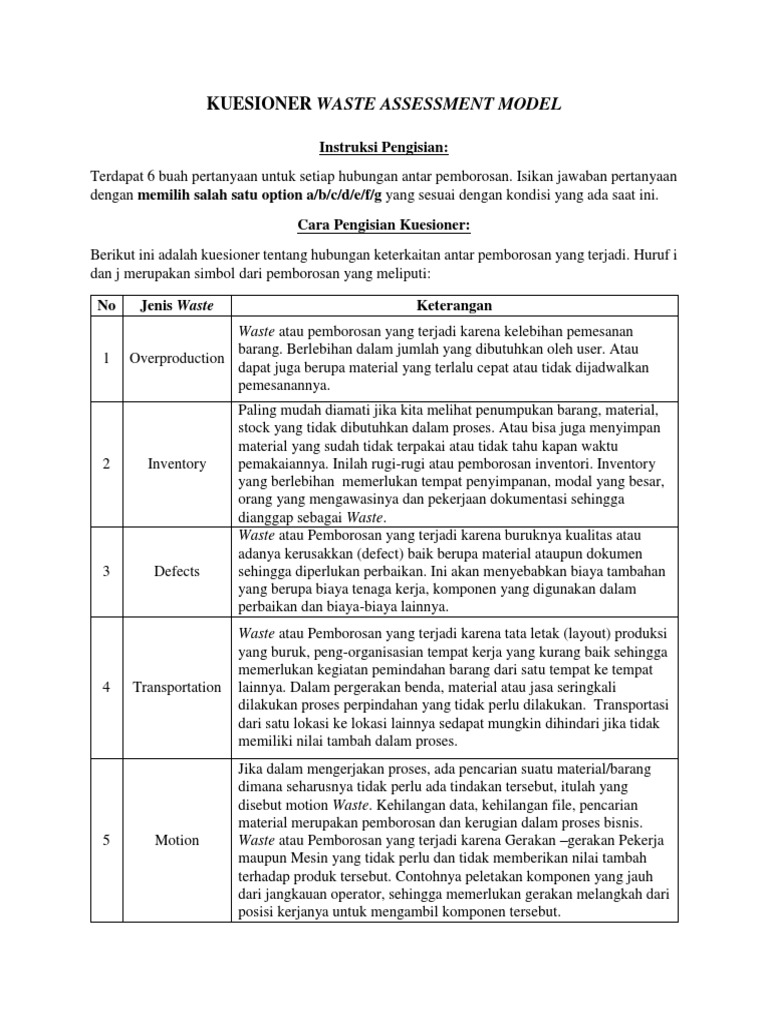 Kuesioner Model Penilaian Waste | PDF