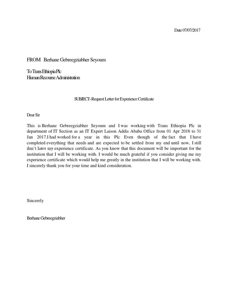 Request Letter For Experience Certificate PDF