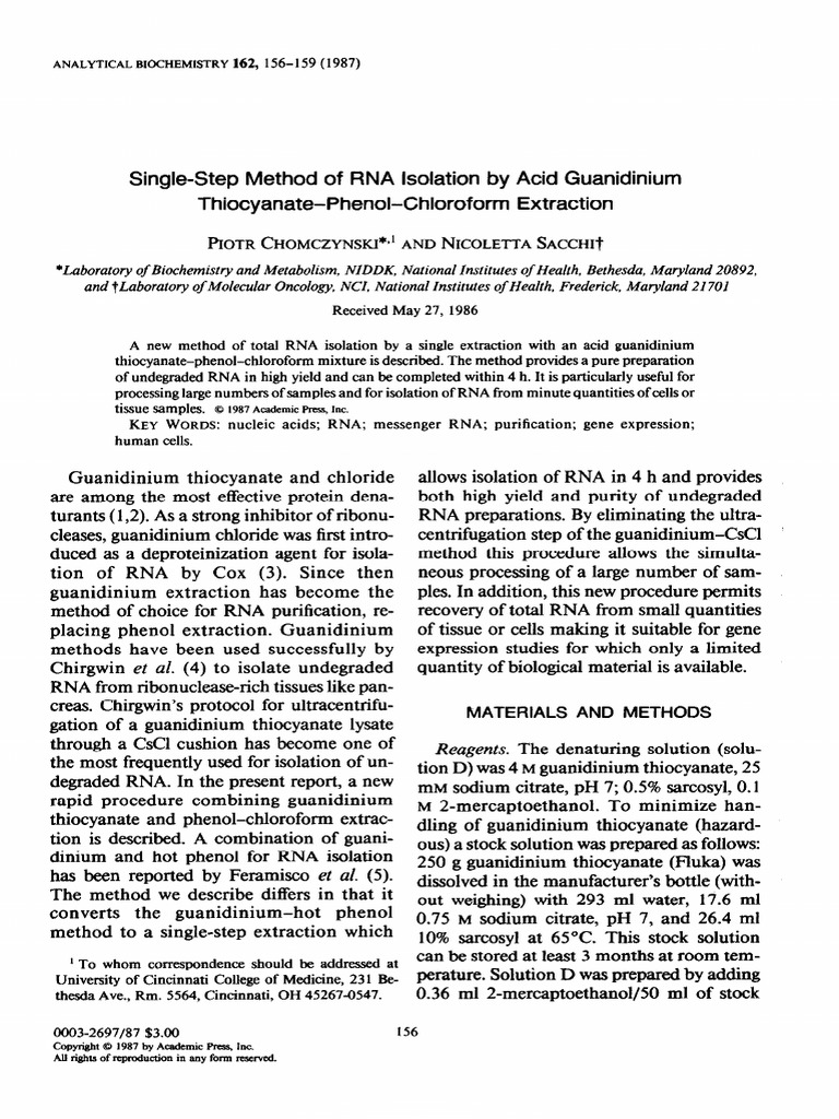 Single-Step Method of RNA Isolation by Acid Guanidinium Thiocyanate ...