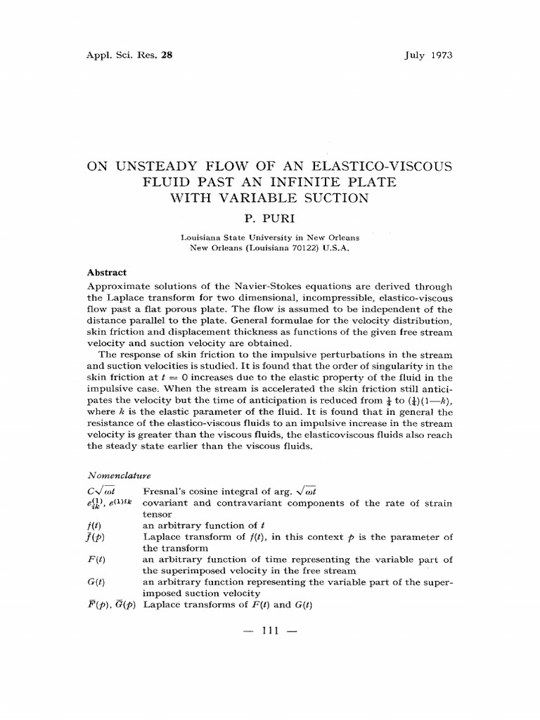 Unsteady Elastico-Viscous Fluid Flow | PDF | Fluid Dynamics | Tensor