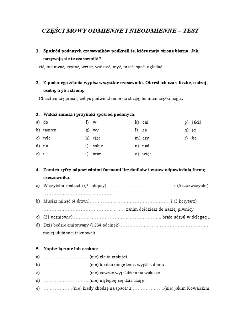 Części Mowy Odmienne I Nieodmienne Sprawdzian Klasa 6 Czesci Mowy Odmienne 56668 | PDF