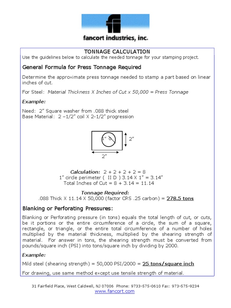 Tonnage Calculation General Formula For Press Tonnage Required PDF