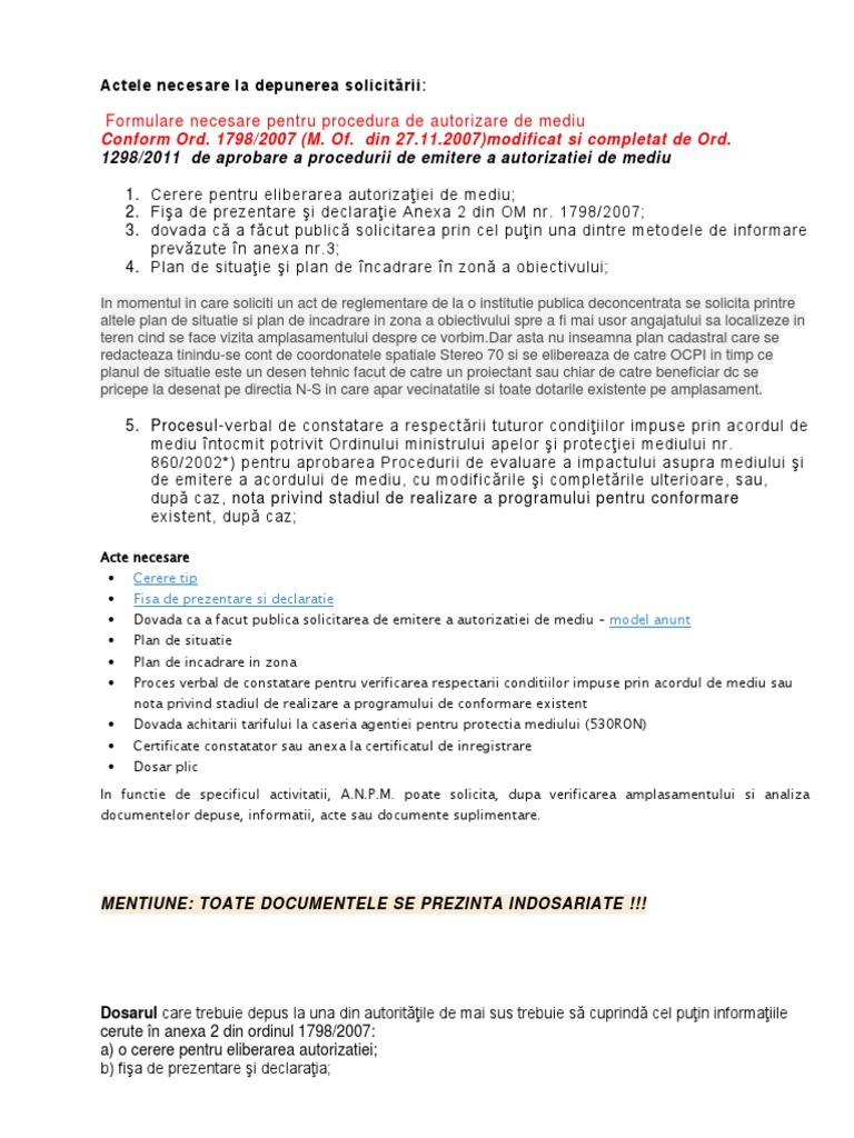 Actele Necesare Autorizatie De Mediu