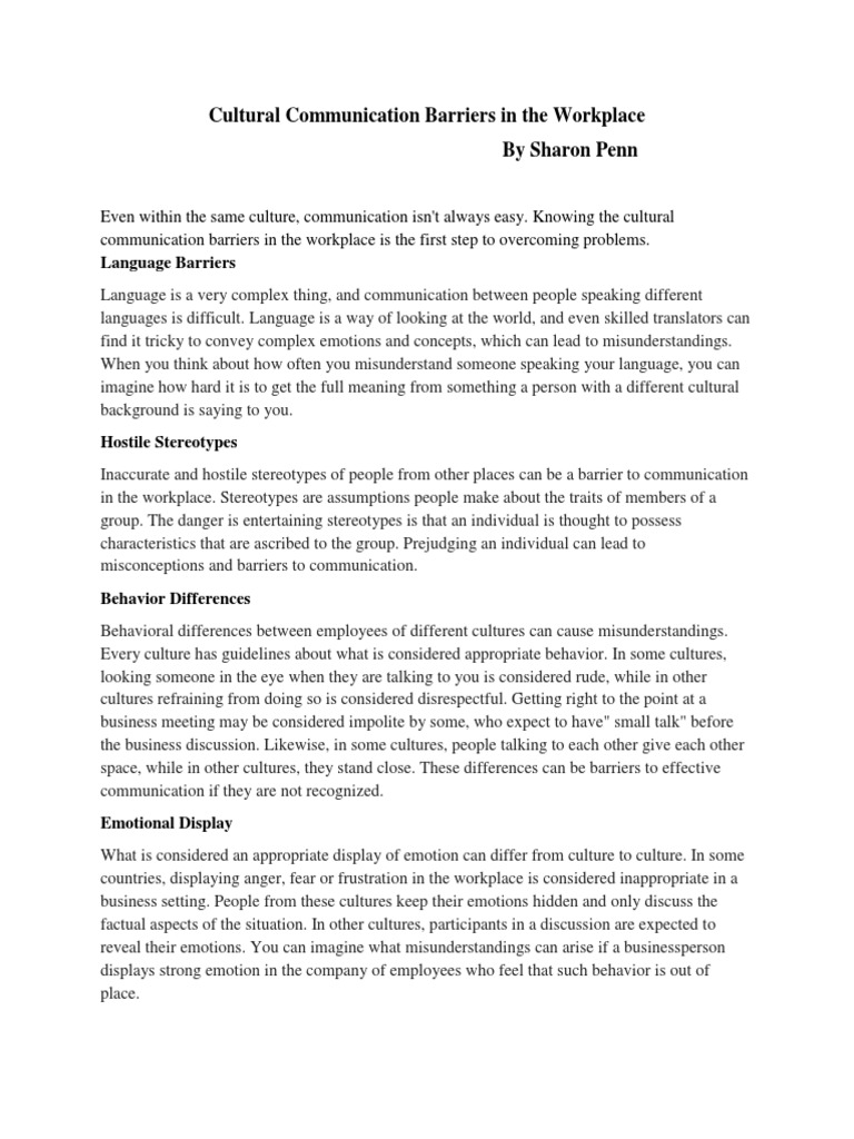 Cultural Communication Barriers in The Workplace | PDF | Cross Cultural ...