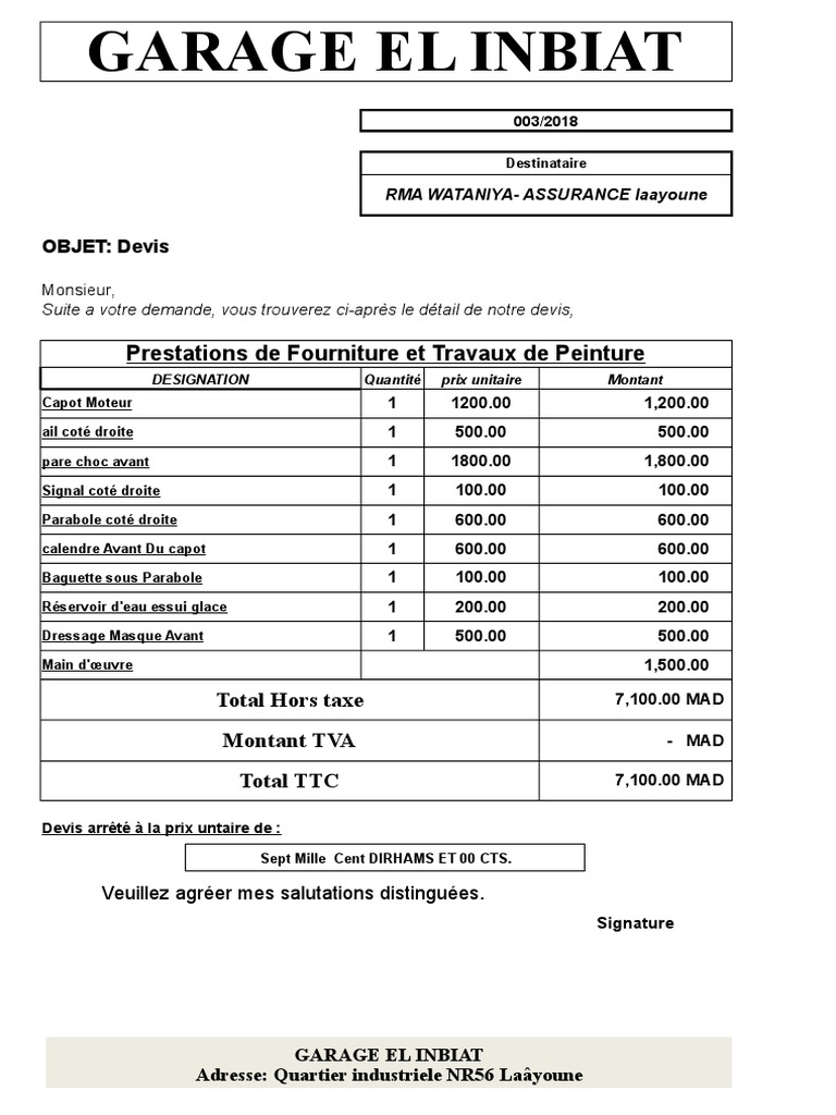 Devis de réparation automobile détaillé | PDF