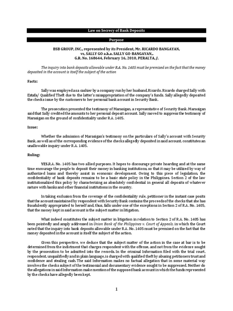 Law On Secrecy Of Bank Deposits And Amla Case Digests Lawsuit Cheque