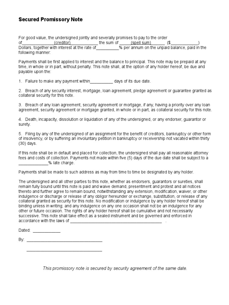 Secured Promissory Note Template | PDF | Bankruptcy | Promissory Note