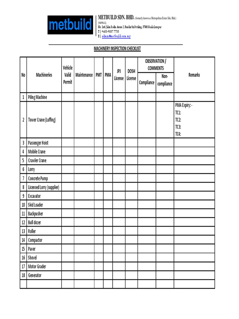 MBSB KL02 Machinery Inspection Checklist | PDF | Machines | Mechanical ...