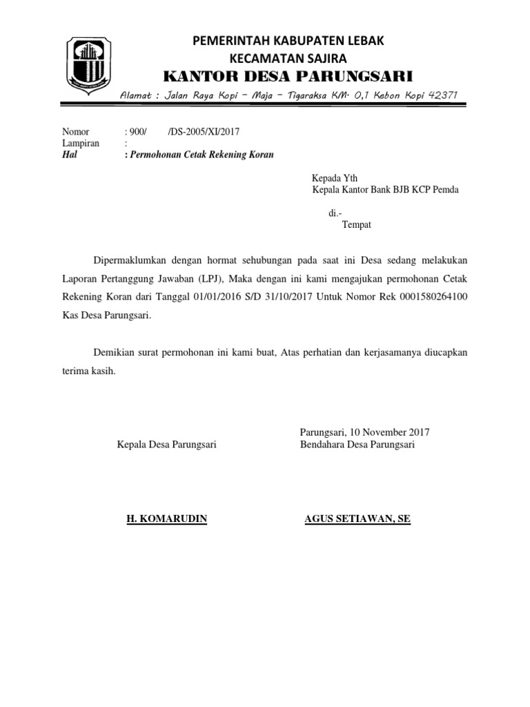 Surat Permohonan Cetak Rekening Koran Desa Contoh surat