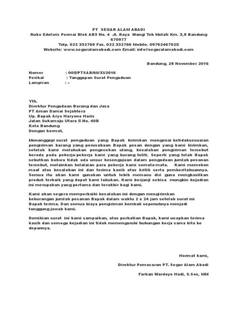 Surat Tanggapan Komplain Pelanggan