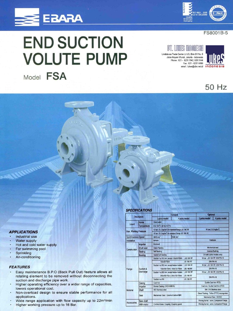 Ebara Centrifugal End Suction Volute Pump FSA PDF Bronze Atoms