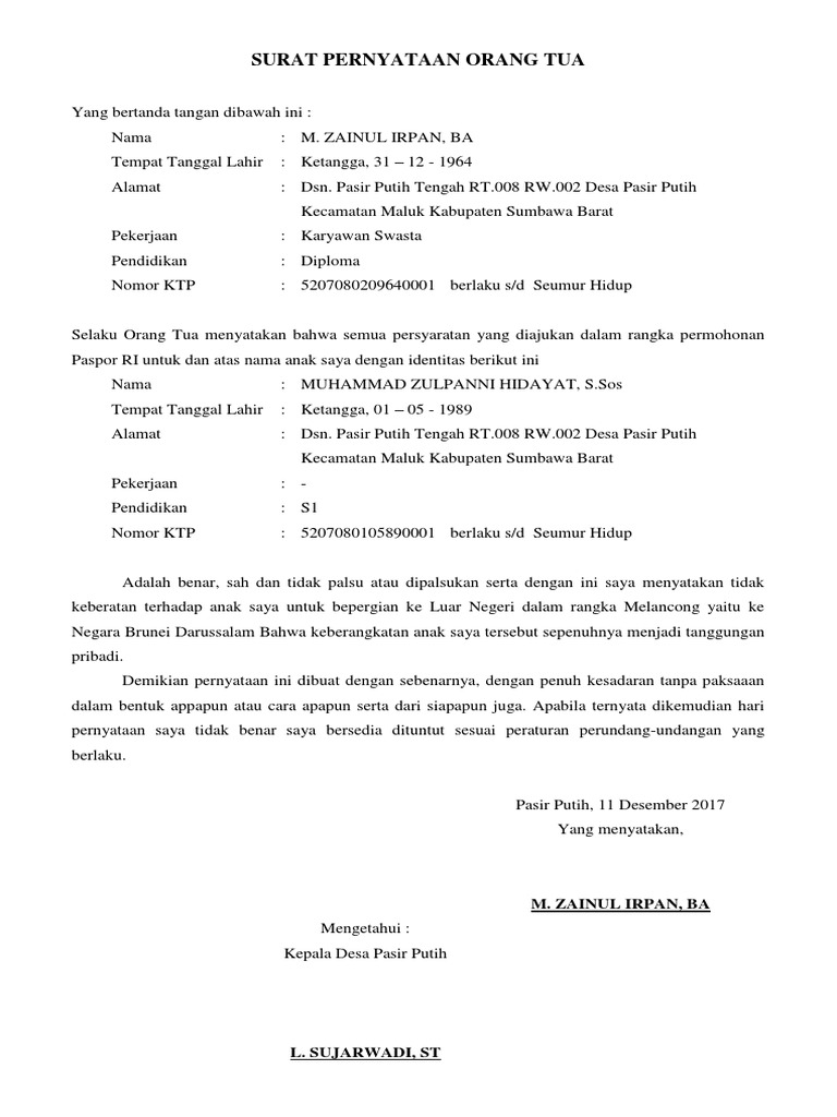 Surat Kuasa Anak Ke Luar Negeri Contoh Seputar Surat