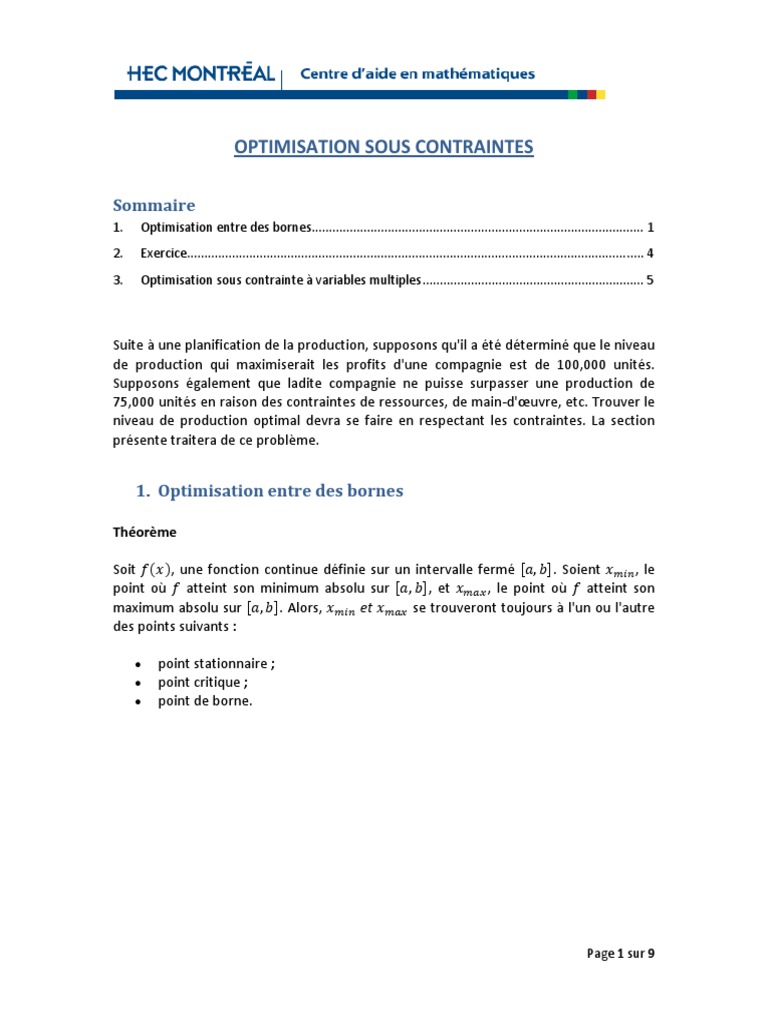 Optimisation Sous Contraintes PDF | PDF | Extremum | Optimisation ...