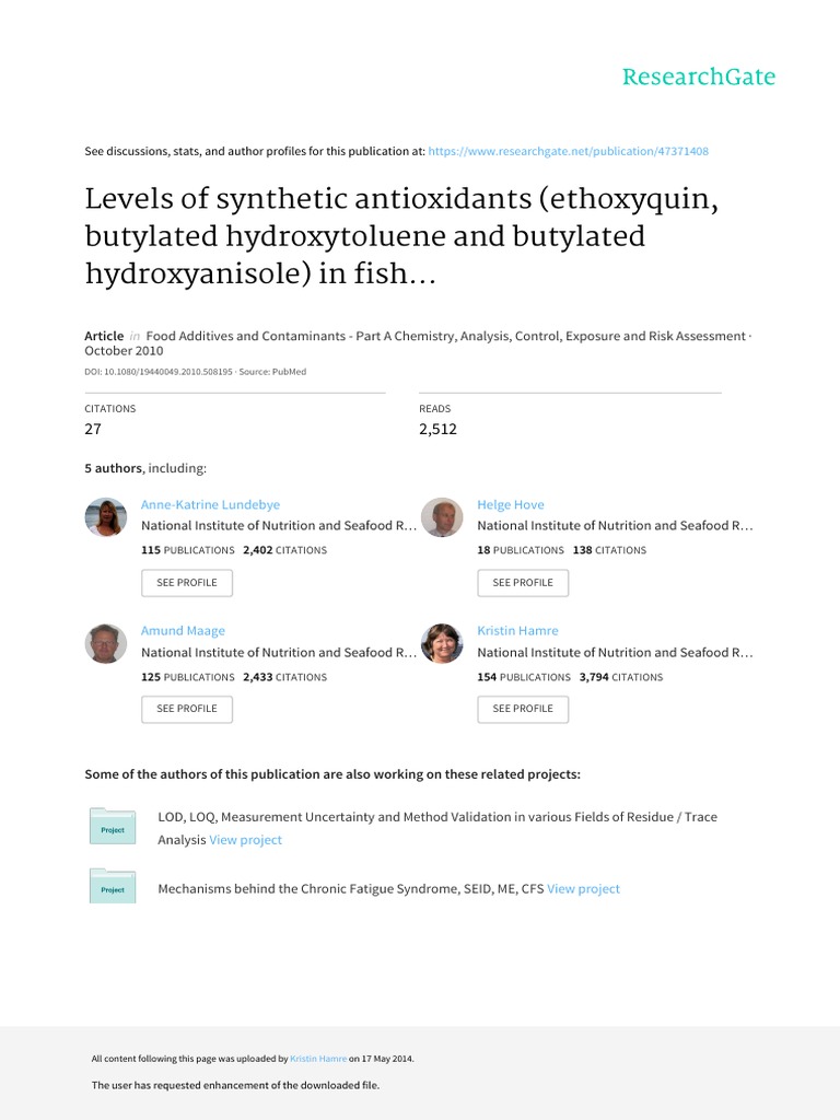 Levels of Synthetic Antioxidants (Ethoxyquin, Butylated Hydroxytoluene
