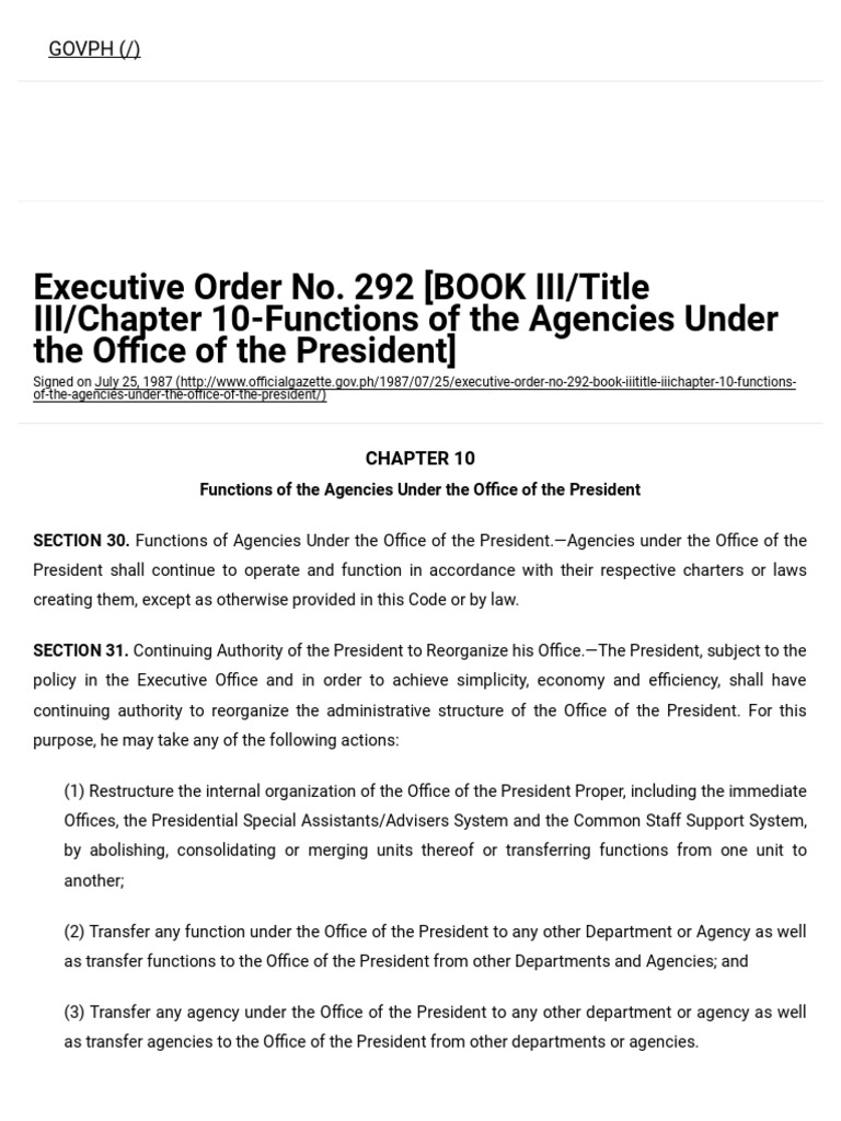 Executive Order No. 292 (BOOK III/Title III/Chapter 10Functions of The Agencies Under The O Ce