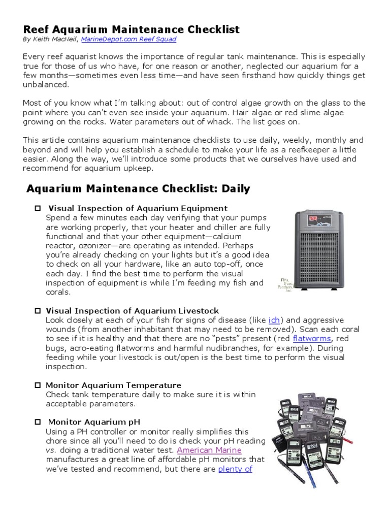 2009 08 14 Reef Aquarium Maintenance Checklist PDF Aquarium Water
