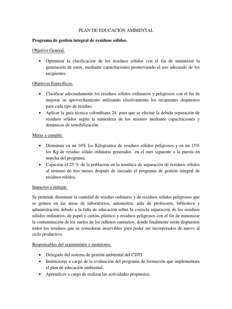 Plan de Educacion Ambiental | PDF | Residuos | El plastico