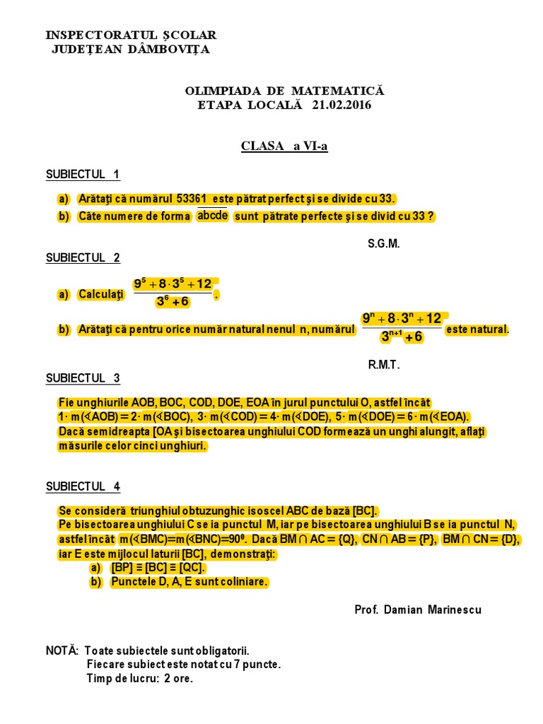 2016 Matematica Locala Dambovita Clasa A Via Subiectebarem | PDF