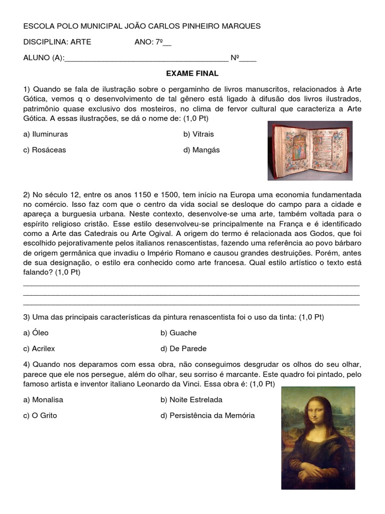 Prova de Arte 7 Ano EXAME | PDF | Renascimento | Artes (geral)